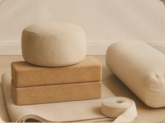 Yogamåtte, puder, blokke og yogabælte